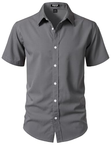 JEMITOP Mens Stretch Wrinkle-Free Textured Shirt Summer Lightweight Short Sleeve Button Down Vacation Beach Casual Shirts Grey L
