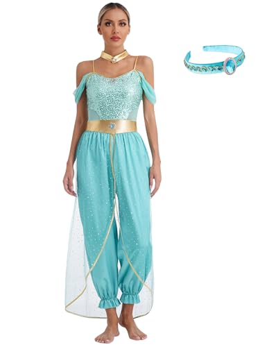 YiZYiF Women Arabian Princess Roleplay Gems Adorned Sequins Sleeveless Jumpsuit with Headwear Outfits Turquoise X-Large