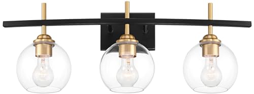 Image of 360 Lighting Modern Wall Light Sconce Black Gold Mixed Hardwire 27 inch 3-Light Fixture Clear Glass Globe Shade for Bedroom Bathroom Bedside Vanity Living Room Home Mirror Hallway Dining Kitchen
