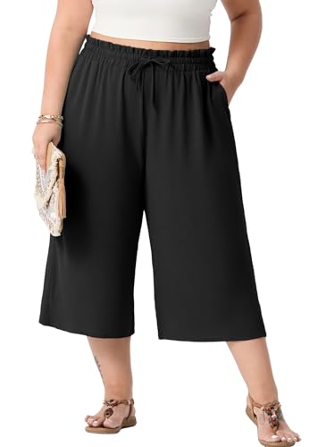 OLRIK Plus Size Capris for Women Summer Wide Leg Pants High Waist Drawstring Casual Capri Trousers with Pockets Black-4X