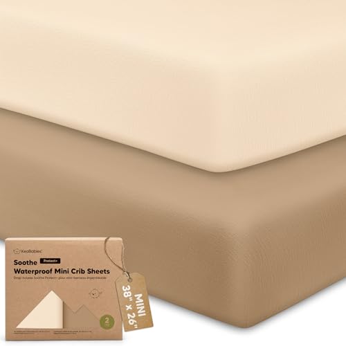Image of 2 Pack and Play Sheets, Waterproof Mini Crib Sheets Fitted - 38x26 Organic Cotton Pack N Play Sheets for Graco Pack and Play Mattress, Playard Baby Crib Sheets, Neutral for Boy, Girl, Toddler (Pecan)