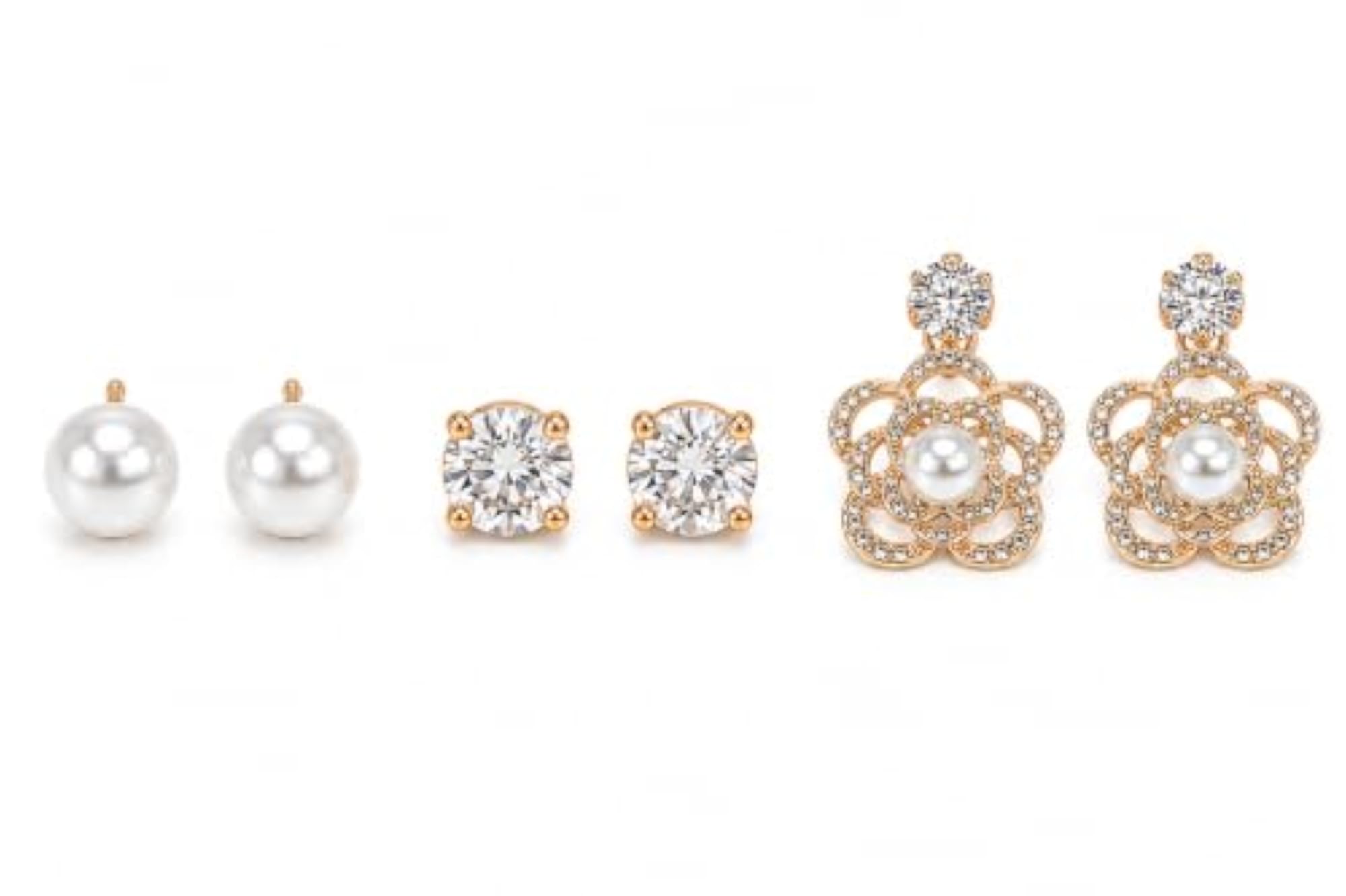 3 Pairs Earrings Set, Pearl & Crystal Studs