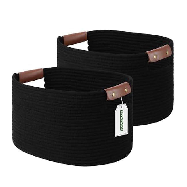 Cotton Rope Basket , Storage Baskets with Handle, 15x10x9 Inch Woven Basket for Shelves, Laundry, Towels, Clothes, Books, Toys (Black 1Pack)