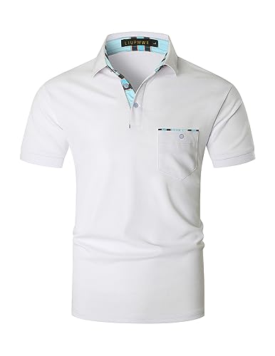 LIUPMWE Men's Short Sleeve Polo Shirt Casual Golf Tennis Shirts with Plaid Collar,White,XL