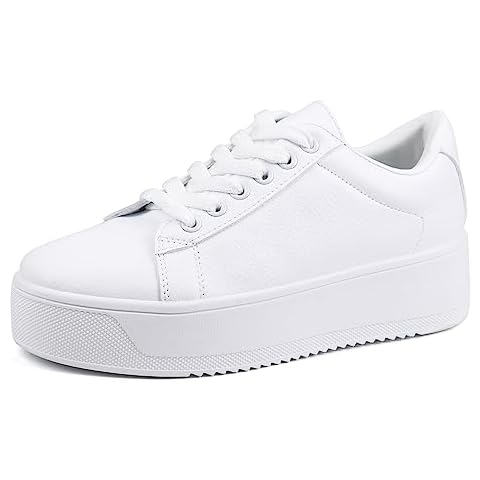 JABASIC Women Fashion Sneakers Low-top Lace-Up Stylish Walking Shoes Comfort Platform Sneakers (8,White) Cover