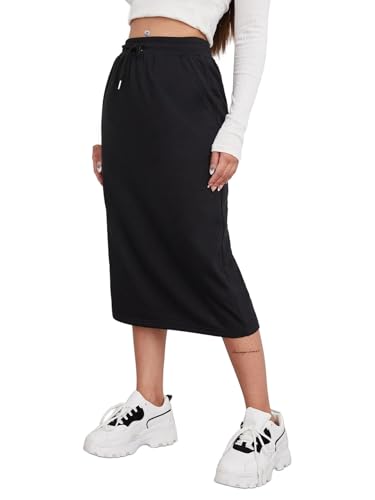 SOFIA'S CHOICE Women's Midi Skirt Drawstring High Waist Sweat Skirts with Pockets3