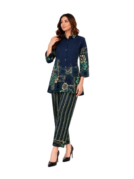 Women's Navy Blue Floral Geometric Printed Co-Ord Set, Shirt Top with Striped Pants, Casual Matching Outfit-picture-31
