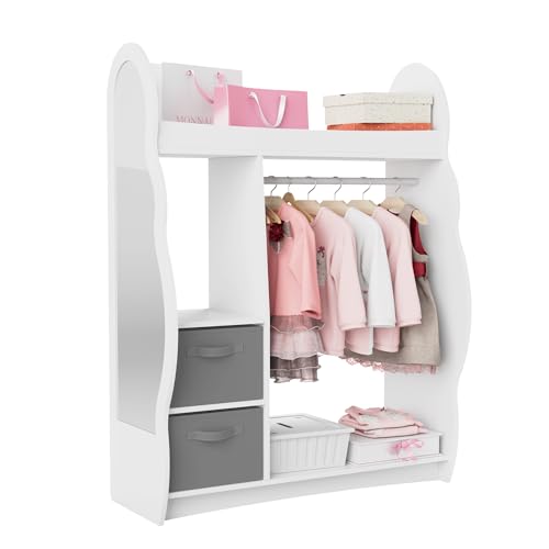 KEEPREAPER Kinder Kleiderschrank Kinderkleiderständer mit Boxen, Kleiderstange, Spiegel und Ablagen, Kindergarderobe aus Holz, Kinderregal 81 x 28 x 106,5 cm (Wolken mit 2 Schubladen, Weiß)