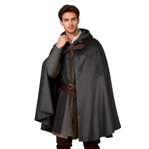 HAPNBCELE Adults Medieval Cloak with Hood Renaissance Cape Costume Halloween Wizard Cosplay LARP Renaissance Fair RPG Party (Black 39.3/100cm)