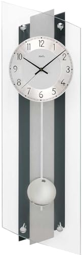 Pendeluhr AMS Wanduhr 5262 Funk mit Pendel Holzrückwand , geschliffenes Aluminium