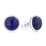 AIBAO Pendientes de tuerca de plata de ley de 10 mm con forma redonda de cabujón y piedras preciosas de oro amarillo, turquesa, lapislázuli, malaquita, Plata de ley, Lapislázuli