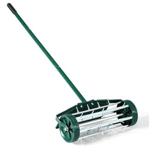 Faboer Garden Rolling Lawn Aerator, 45cm Manual Grass Spikes Roller with 122cm Detachable Handle, Heavy Duty Steel Rotary Push Pull Tine Garden Lawn Tool