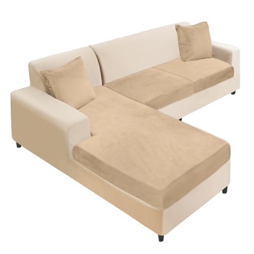 NAISI Sectional Couch Cover 3 Pieces Velvet Separate Couch Cushion Covers L Shape Soft Stretch Sofa Slipcovers with 2pcs Pillowcases for Left/Right Chaise Sectional Couch(2 Seater+1 Chaise,Camel)