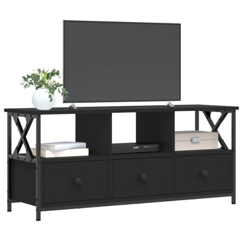 Vorpalize Mueble para TV negro 102 x 33 x 45 cm, mueble bajo de madera y hierro, aparador de diseño industrial con 3 cajones para salón, armario de televisión