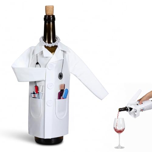 Quilax 1 Set Weinverpackungsabdeckung,Weiß Kittel Weinflaschenbeutel,Filz Weinflaschenhülle mit Spritzenhalskette und Thermometer,Lustig Geschenk für Krankenschwester,Arzt,Abschlussfeier,Party
