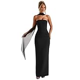ZGMYC Women's Elegant Strapless Wedding Guest Dress with Scarf Sheer Long Gloves Sexy Ruched Bodycon Maxi Dress Black
