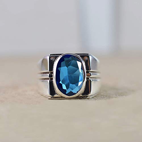Blue Topaz Gemstone Silver Ring, Solid 925 Sterling Silver, Faceted Oval, Boy's Topaz Ring, Classic Handmade Jewelry, Unique Gift For Him, Birthday Gift, Birthstone, Father's Day Ring, Size 5-14