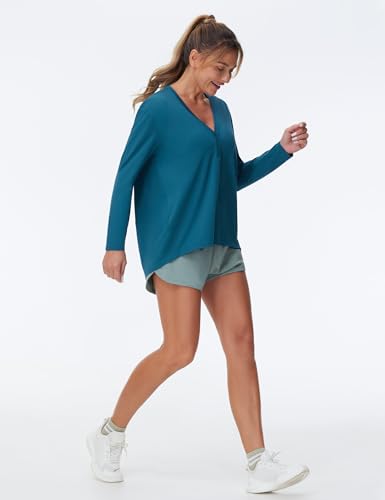 THE GYM PEOPLE Women's Long Sleeve Workout Shirts Loose Fit V-Neck Running T-Shirts Tops Dark Blue Green — view 6
