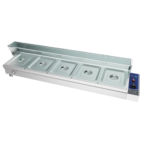 TAIMIKO Bain Marie Electric Food Warmer 1500W Commercial Stainless Steel Buffet Wet Well Sauce Drain Tap Gastronorm Container Catering Restaurants 30-85C (5x1/2 GN Pans With Glass)