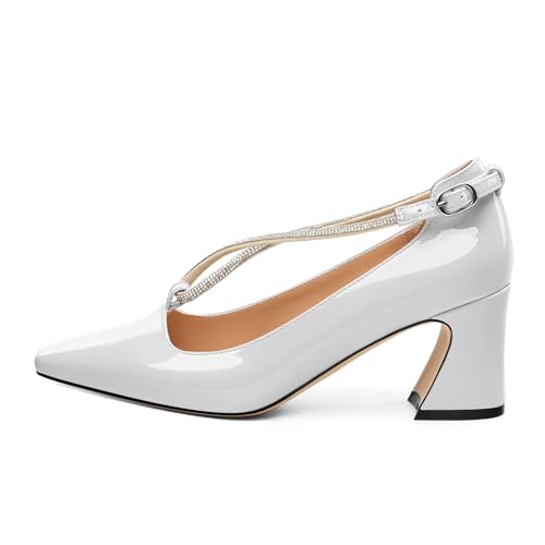 Mid Chunky Block Heel for Women Patent Square Toe Rhinestone Pumps Cross Strap high Heels Evening Dress Shoes 2.5Inch2