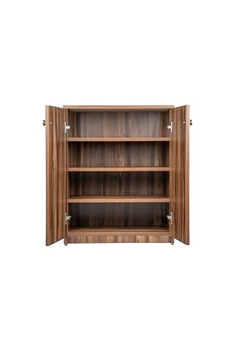 Image of Wooden Shoe Rack with Doors | Compact Shoe Cabinet for Home Entryway & Living Room | Modern Closed Shoe Storage Unit in Walnut Finish (76 x 60 x 32 cm) (Dark Asain, 4 Shelves) DIY