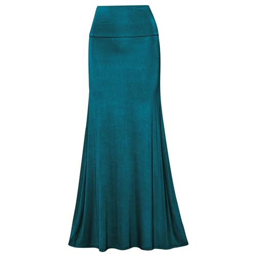 Free to Live Long Skirts for Women Fall Winter Flowy Maxi Skirt High Waist Fold Over (XXL, Teal)