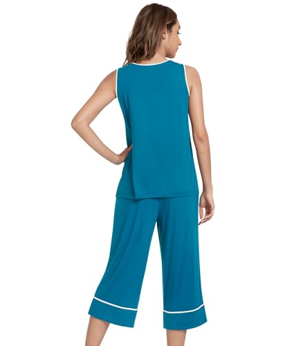 Image of NACHILA Pajamas Set for Women-Viscose Made from Bamboo, Tank Top with Capri Pants Pajama Cool Sleepwear Sleeveless Pjs