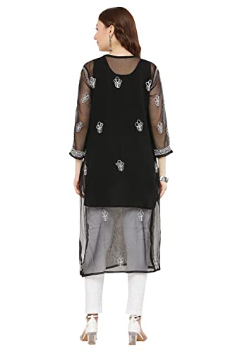 Image of FAWOMENT Women's Designer Straight Georgette Hand Embroidered Lucknowi Chikankari Kurta Designed in Side Jhaar Pattern Alongwith Slip