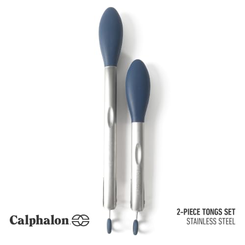 Image of Calphalon Edge Tongs Set, 2-Piece Stainless Steel Kitchen Tongs Set with Silicone Heads, Includes 9-Inch & 12-Inch Heat-Resistant Locking Tongs for Cooking, Grilling & Serving