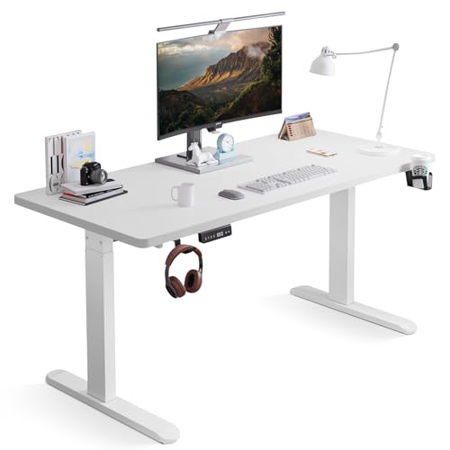 iXTRA Electric Standing Desk 160 x 60cm Height Adjustable Sit Stand up Home Office Desk with Whole Piece Desktop Computer Desk with Cable Management Tray White Desktop and White Frame