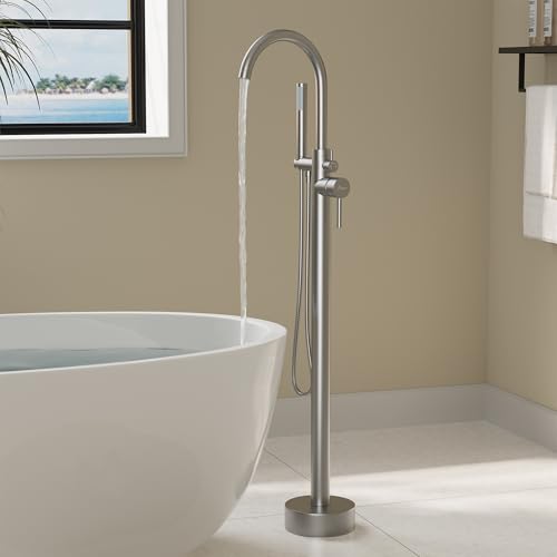 HAWKROWN grifería de bañera independiente, grifo de piso con 2 modos de salida de agua, pico giratorio cuello de cisne con ducha manual, grifo de llenado de bañera de latón con una sola manija, flujo máximo 7.4 GPM, acabado cepillado níquel miniatura 1