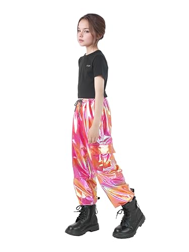Nawgut Sequin Cargo Pants Metallic High Waisted Multi-Pocket Shiny Joggers Hip Hop Dance Pants for Girls4