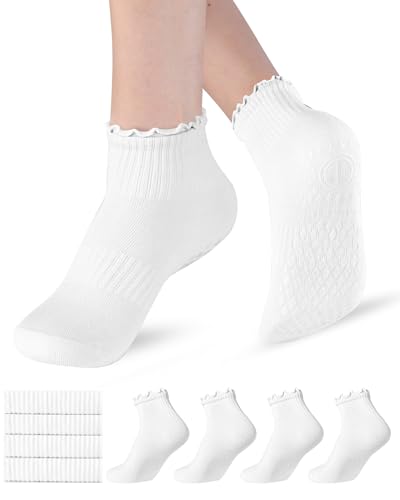 Shakoelun Womens Non Slip Pilates Socks with Ruffle Pleated & Straight Ribbed Double Cuff Grip Socks for Yoga Barre Dance (US Alpha One Size Regular Regular 4 Pairs-White)