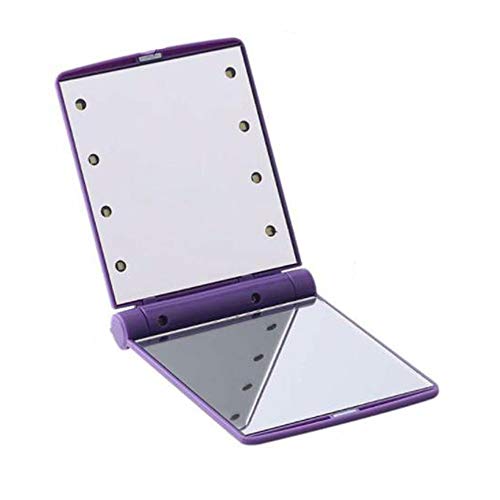 Preisvergleich Produktbild 8 LED-Leuchten, Faltbar Schminkspiegel, Doppelseitiger HD Spiegel Kompakter Spiegel, Beweglicher Kosmetische Beleuchtung Handtasche Spiegel, Faltbarer Taschenspiegel,Lila
