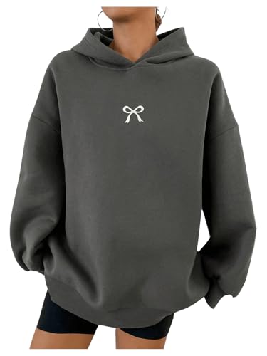 SOLY HUX Oversized Hoodies for Women Bow Print Hooded Sweatshirt Drop Shoulder Long Sleeve Loose Pullover Top Grey Bow Medium