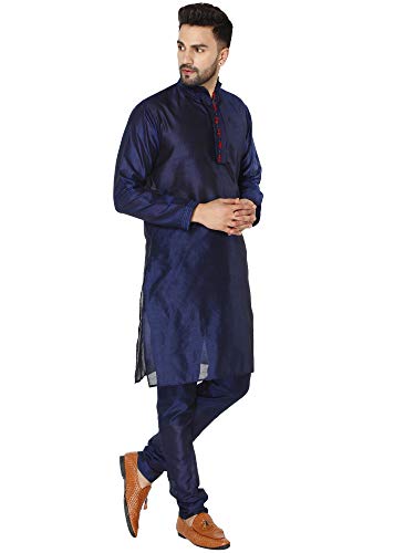 SKAVIJ Men's Art Silk Thread Work Kurta Pajama Set Woven Design Embroidered Festive Ethnic Dress4