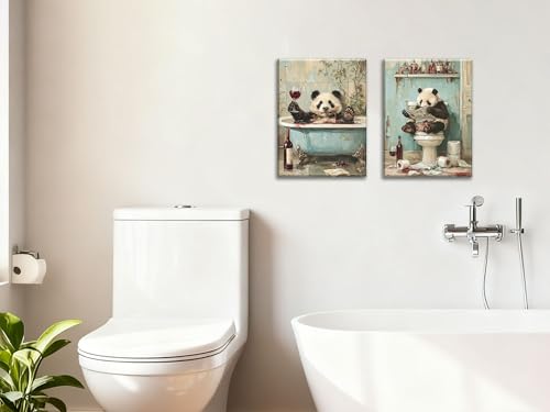 Image of Frimeeme Framed Panda Bathroom Wall Art Set of 2,12x16 Inch | Cute Panda on Toilet and in Bathtub Wall Decor Paintings for Bathroom Restroom