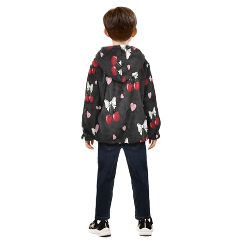 Cherry Bow Hearts on Black Toddler Fleece Jacket Girl Boys Hooded Fleece Jacket Coat Warm Outwear Zip-up 3-10T4