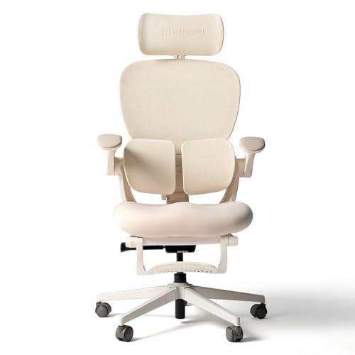 HINOMI Q2 Ergonomic Office Chair with Lumbar Support & Adjustable Headrest Cushion Seat with Flip-Up Arms Reclining Computer Seating with Footrest Stylish Desk Model for Home (Cream White)