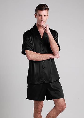 LilySilk 100% 2PC Silk Pajama Set for Men Short Sleeves Button Contrast Trim V Neck Causal Lounge for Summer2