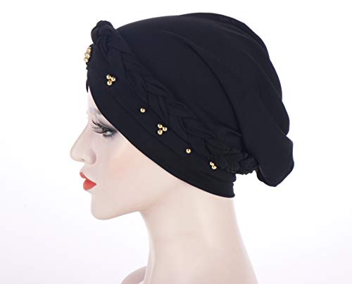 Fxhixiy Twisted Beading Braid Chemo Cancer Turbans Cap Hair Cover Wrap Turban Hats Headwear for Women Black