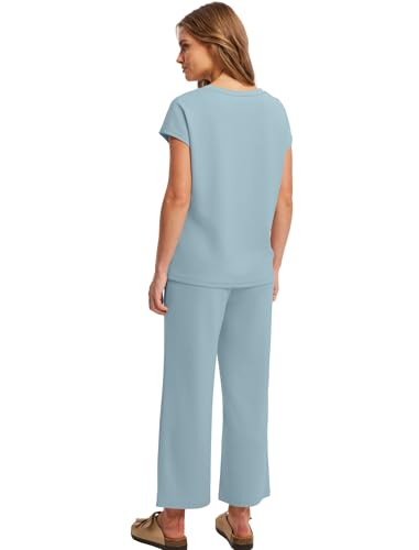 Image of Saloogoe Two Piece Sets for Women Summer Outfits Lounge Sets V Neck Tops Wide Leg Pants Woman Vacation Travel Outfits