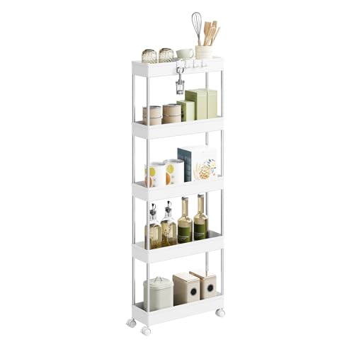 WOLTU Carro de Almacenamiento con Ruedas de 5 Niveles, Carrito Auxiliar con 4 Ganchos, Carrito Estrecho para Cocina, Baño y Lavanderia, Plástico y Metal, 41,5 x 112 x 13,5 cm, Blanco