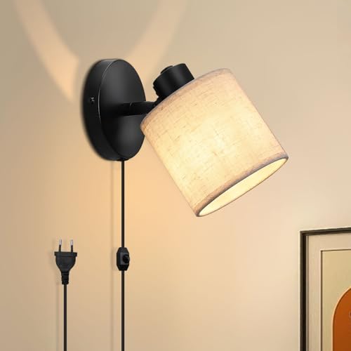 Winverty Aplique Pared con Interruptor y Enchufe, Retro Lámpara de Pared Regulable Negra con Cable, Giratoria 350°, Pantalla de Tela, E27 Aplique para Salón Dormitorio, sin Bombilla.