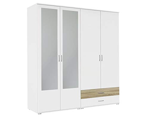 Rauch Möbel Noosa Schrank Drehtürenschrank, Weiß/Eiche Sonoma, Holz, 4-türig mit Spiegel und 2 Schubladen, inkl. Zubehörpaket Basic 1 Kleiderstange, 3 Einlegeböden BxHxT 168x188x52 cm