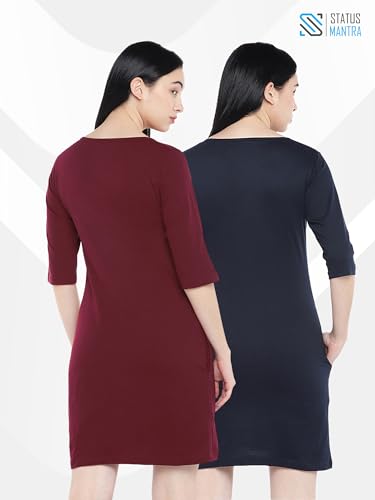 Image of STATUS MANTRA Long T-Shirt Dress for Women - Cotton Knee Length T Shirt Top | 3 /4th Sleeves, Soft Bio-Washed Fabric | Stylish Regular Fit Crew Neck
