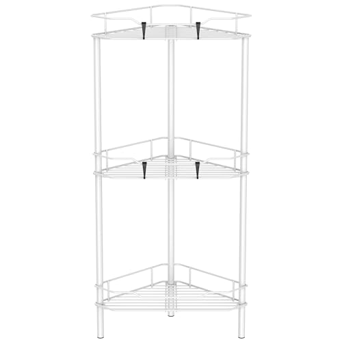 Image of HuggieGems 3 Tier Floor Standing Corner Shower Caddy Organizer Shelf with Hooks, Bathroom Shelves Stand Rack, White