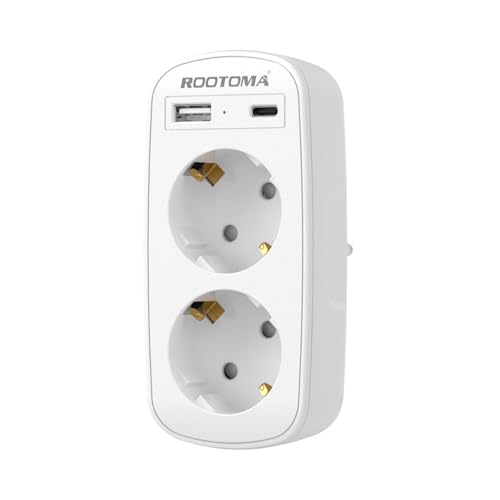 Ladrón Enchufes 4 en 1 con USB-A y USB-C, Enchufe Doble para Pared, Compacto para Familia, Cocina y Oficina, Blanco, 4000W/16A