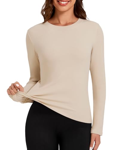 Tournesol Women's Micro Fleece Lined Thermal Tops Long Sleeve Crew Neck Underwear Top Warm Ribbed Undershirt Cold Weather Light Apricot