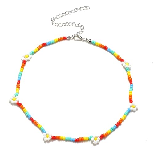Collier Marguerite Argent 925 ras du cou perles colorées boho pour femme chic